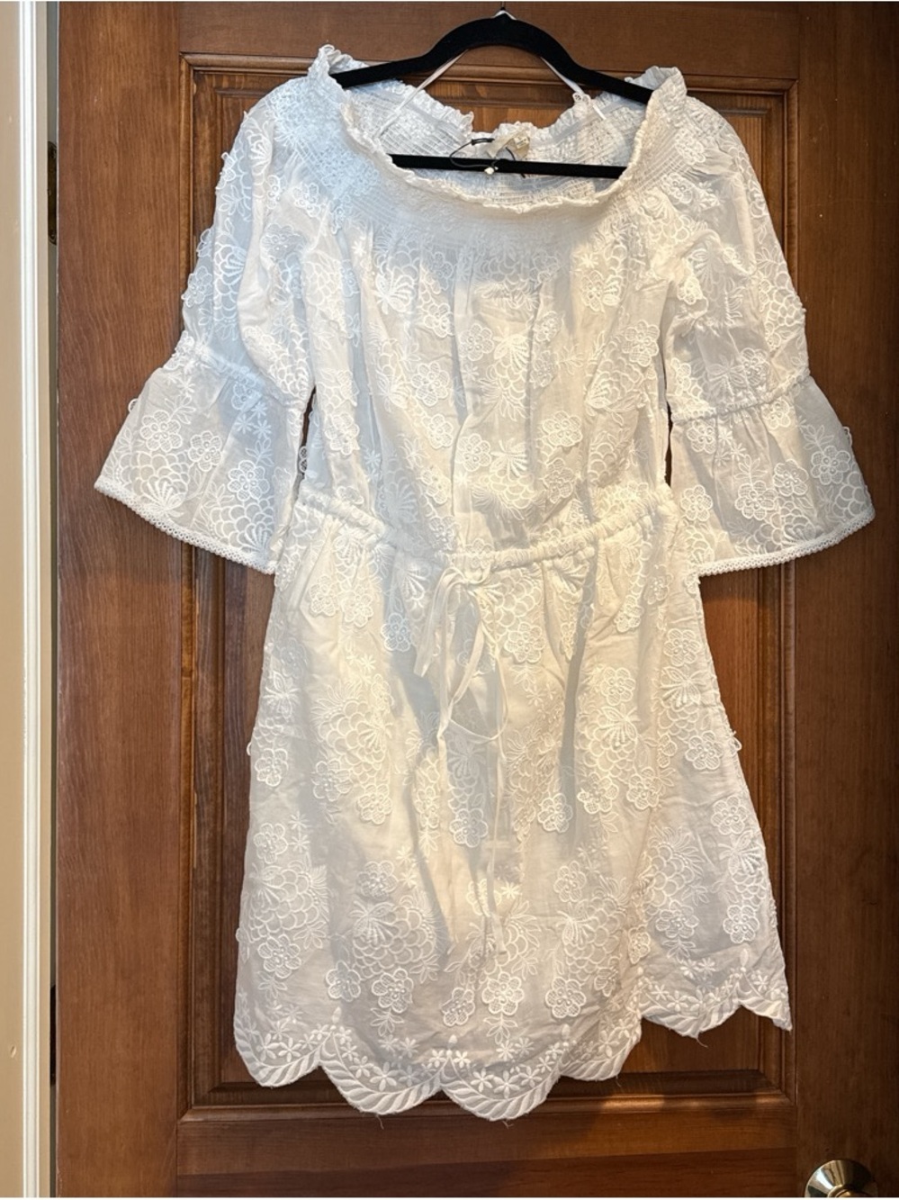 Solitaire White Smocked Swim Top with Lace Trim